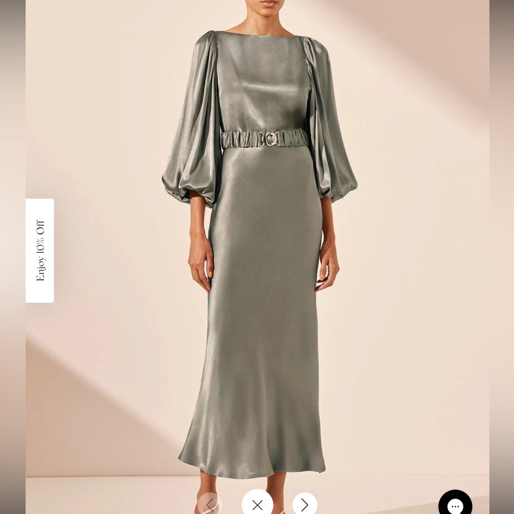 Shona Joy La Lune Balloon Sleeve Midi Women's Sage Green With Belt Dress Size 10